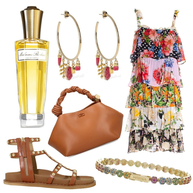 Outfit donna - Fantasia e colori. Stile Romantica per Tutti i giorni. Abbinamento con profumi, braccialetti, vestiti senza maniche, sandali, orecchini, borse a mano.