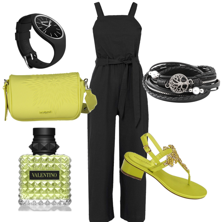 Outfit donna - Dettagli verde lime. Stile Chic per Serata fuori. Abbinamento con braccialetti, tute, profumi, orologi, ciabatte, borse a spalla.