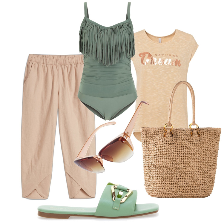 Outfit donna - Passeggiata, forse verso la spiaggia. Stile Casual per Tutti i giorni. Abbinamento con maglieria, occhiali da sole, pantaloni, costumi interi, shopping bag, ciabatte.