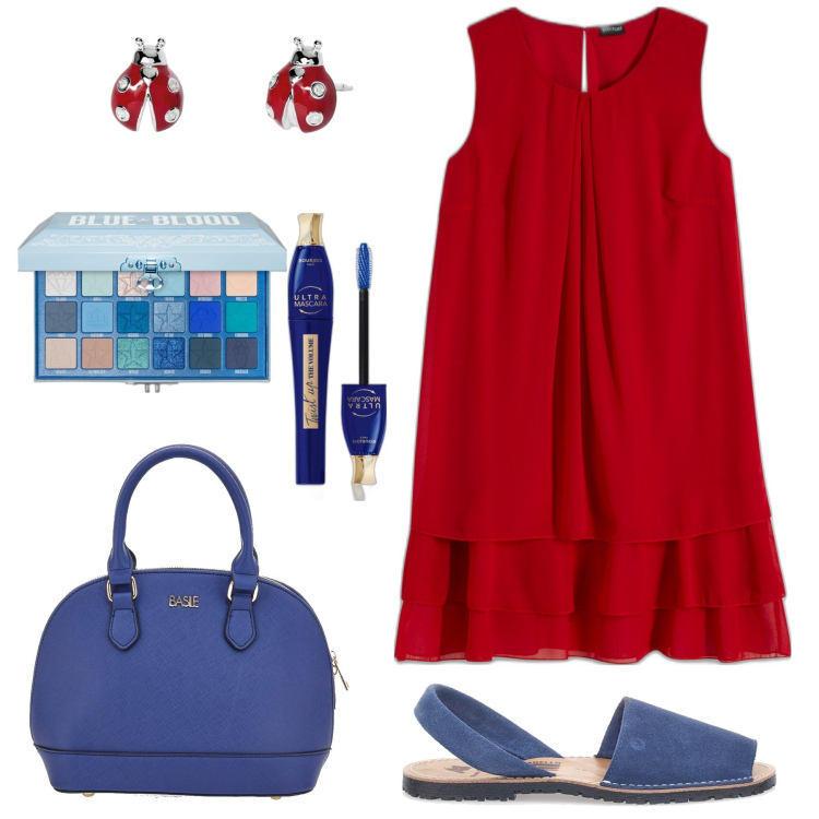 Outfit donna - Abito cherry. Stile Chic per Tutti i giorni. Abbinamento con vestiti, mascara, ombretti, orecchini, sandali in pelle, borse a mano.