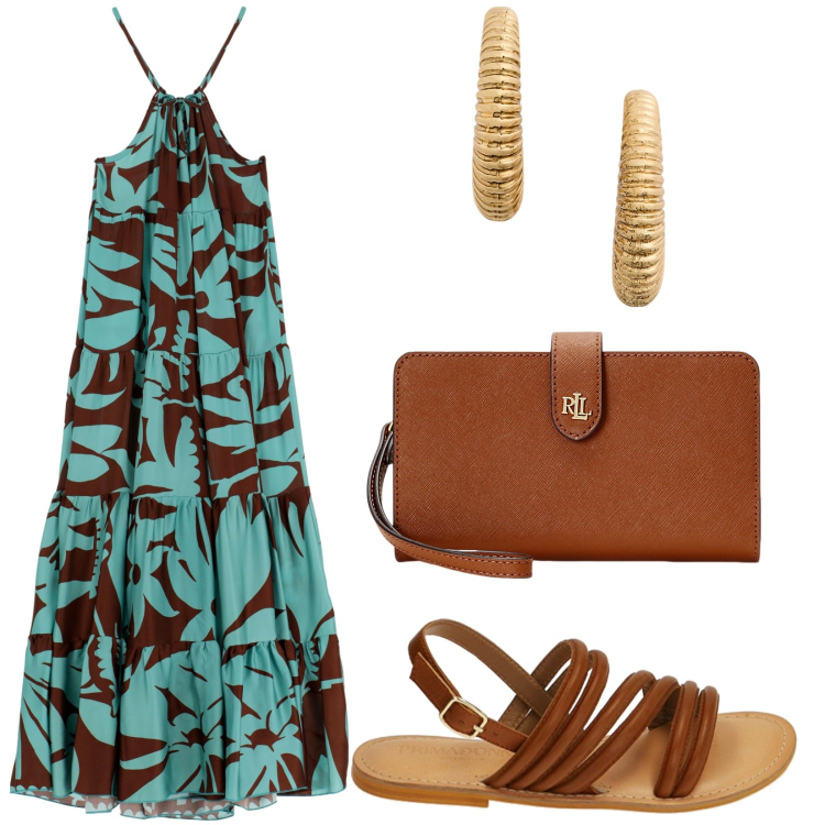 Outfit donna - Stampa etnica. Stile Etnico per Tutti i giorni. Abbinamento con vestiti lunghi, sandali in pelle, pochette, orecchini.