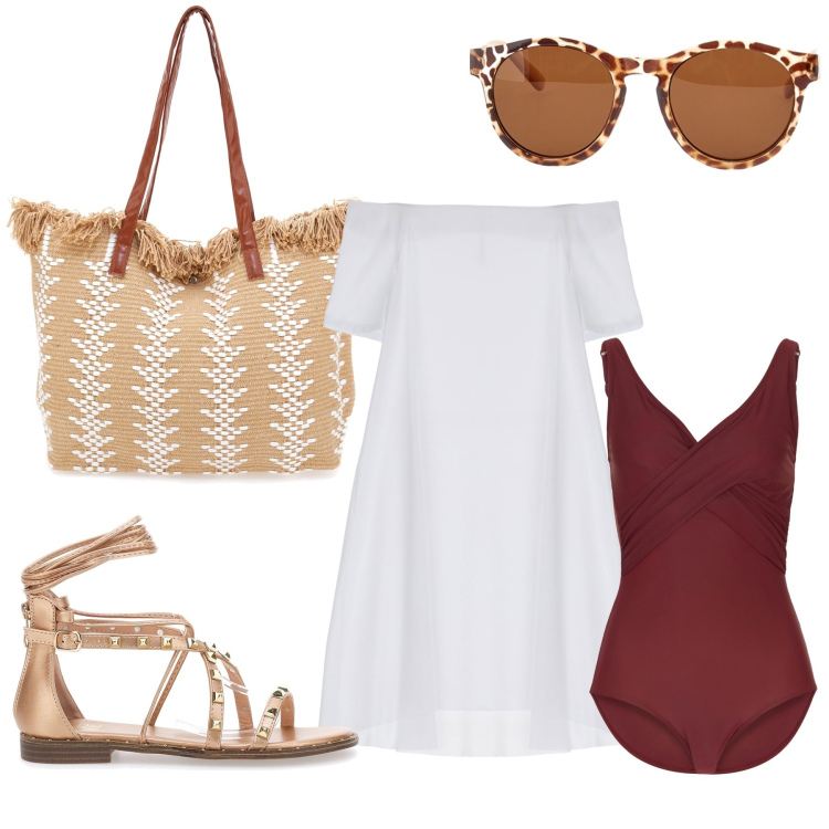 Outfit donna - mare. Stile Bon Ton per Mare. Abbinamento con costumi interi, vestiti corti, sandali alla schiava, borse a spalla, occhiali da sole.