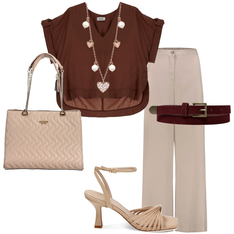 Outfit donna - Bantoa Sales. Stile Casual chic per Serata fuori. Abbinamento con collane, camicie a manica corta, sandali col tacco, cinture, borse a spalla, pantaloni.