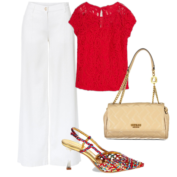 Outfit donna - Curvy contest-cherry red. Stile Chic per Tutti i giorni. Abbinamento con pantaloni a palazzo, maglieria, décolleté, borse a spalla.