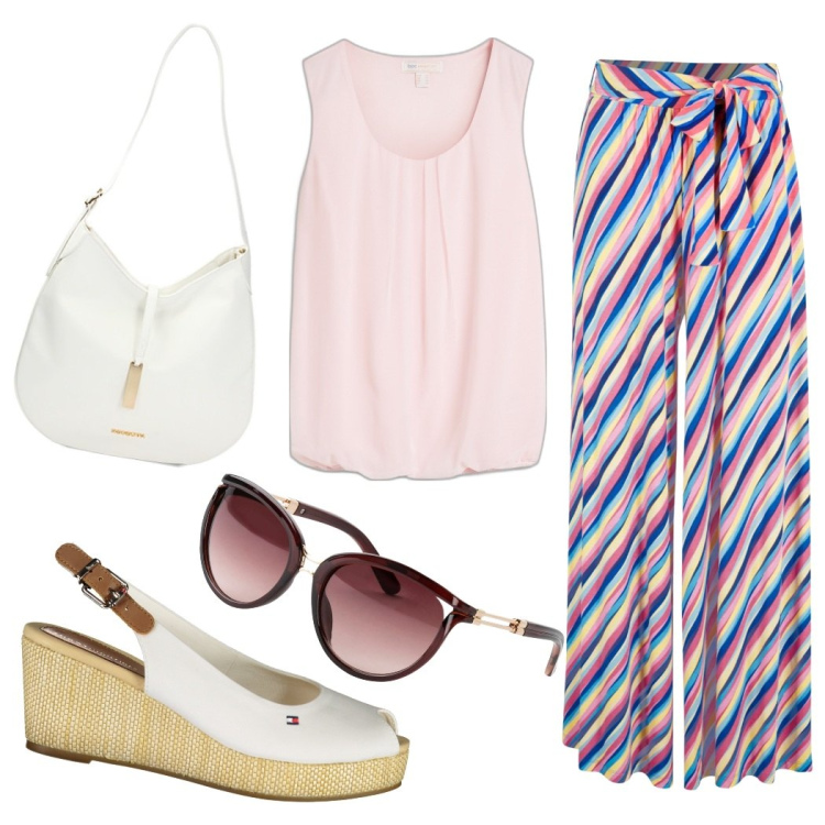 Outfit donna - Estate in ufficio. Stile Casual chic per Ufficio. Abbinamento con pantaloni a palazzo, top, occhiali da sole, borse a spalla, sandali col tacco.