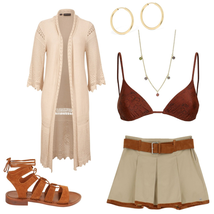 Outfit donna - Le sere d\'estate. Stile Casual chic per Mare. Abbinamento con cardigans, ciondoli, minigonne, sandali alla schiava, bikini, orecchini.