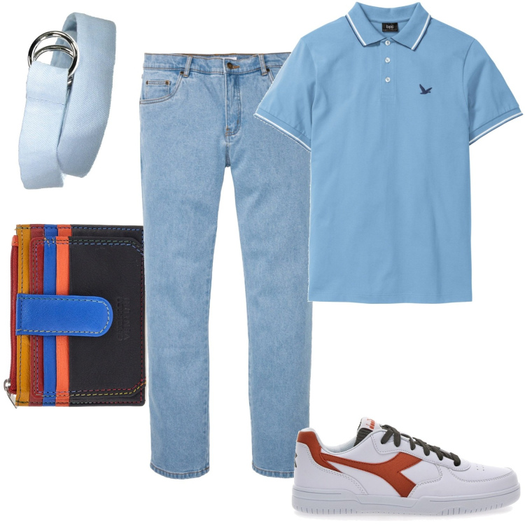 Outfit uomo - Total look #1909667. Stile Casual per Tutti i giorni. Abbinamento con polo, jeans dritti, portafogli, sneakers, cinture.