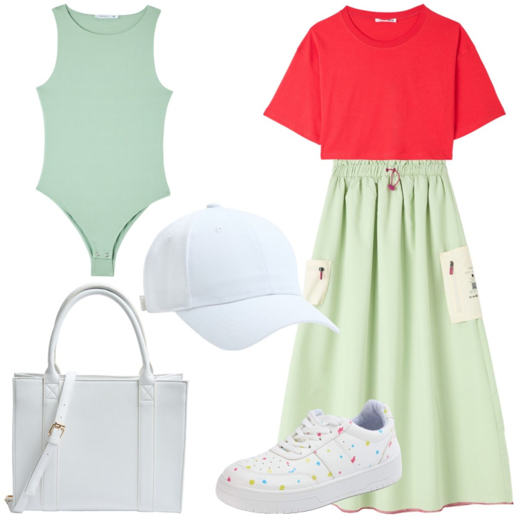 Outfit donna - Total look #1909671. Stile Urban per Tutti i giorni. Abbinamento con gonne lunghe, cappelli, t-shirt, sneakers, shopping bag, body.