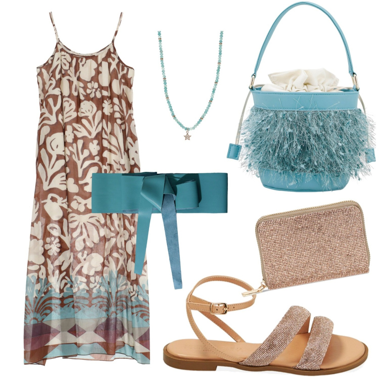 Outfit donna - After eight. Stile Casual chic per Tutti i giorni. Abbinamento con collane, cinture, sandali, portafogli, vestiti lunghi, borse a secchiello.