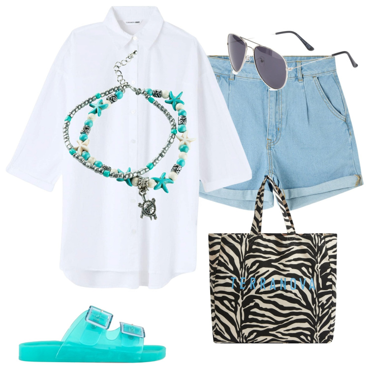 Outfit donna - Bantoa Sales. Stile Casual per Mare. Abbinamento con collane, borse tote, camicie, shorts, sandali, occhiali da sole.