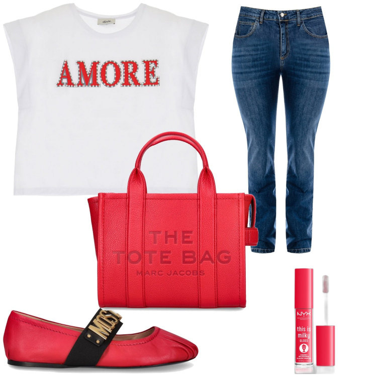 Outfit donna - Voglia di rosso. Stile Urban per Tutti i giorni. Abbinamento con gloss, jeans dritti, t-shirt, shopping bag, ballerine.