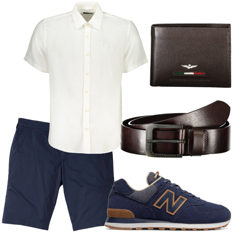 Outfit uomo - Calda serata estiva. Stile Trendy per Tutti i giorni. Abbinamento con bermuda, sneakers, cinture, portafogli, camicie a manica corta.