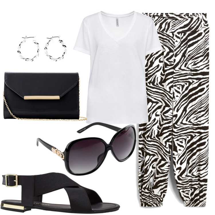 Outfit donna - Pantaloni zebrati. Stile Casual per Tutti i giorni. look ideale per Petite. Abbinamento con t-shirt, sandali, pantaloni a palazzo, occhiali da sole, orecchini, pochette.