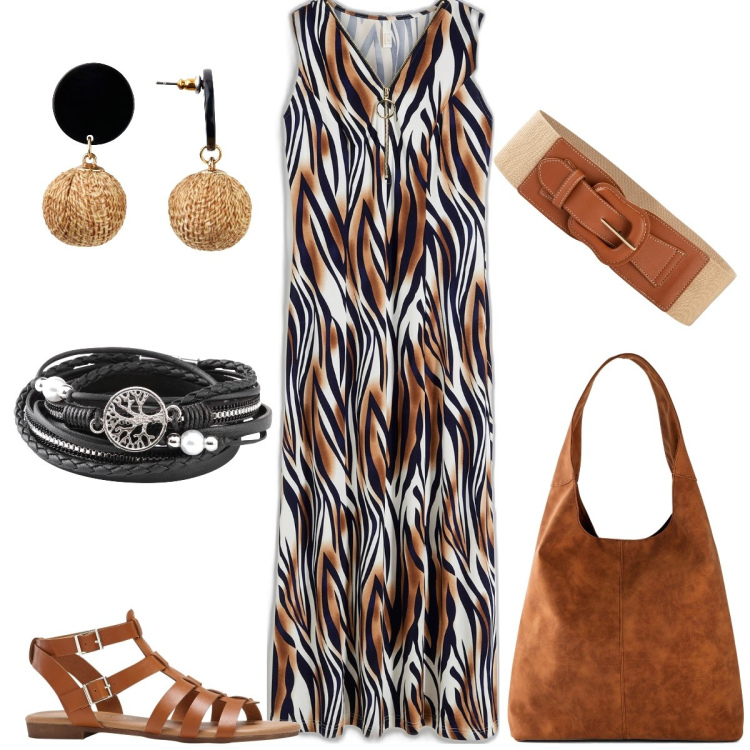 Outfit donna - Total look #1909700. Stile Trendy per Tutti i giorni. Abbinamento con braccialetti, orecchini, vestiti, shopping bag, cinture, sandali.