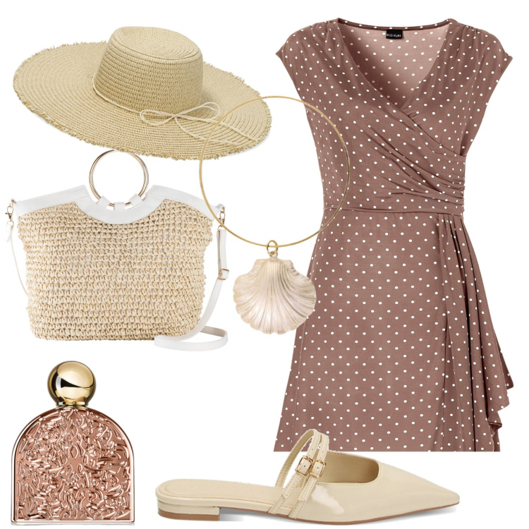 Outfit donna - Total look #1909705. Stile Casual chic per Serata fuori. Abbinamento con vestiti, borse a mano, profumi, sabot, cappelli, braccialetti.