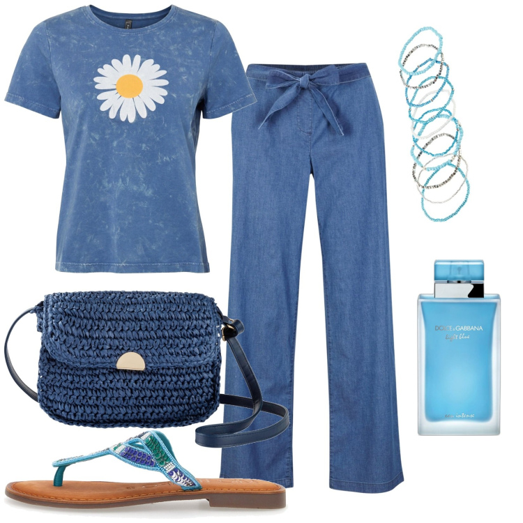 Outfit donna - Margherita il mio fiore preferito. Stile Casual per Tutti i giorni. Abbinamento con t-shirt, pantaloni, borse a tracolla, braccialetti, profumi, ciabatte.
