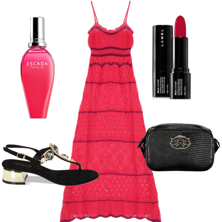Outfit donna - Rosso e nero. Stile Chic per Serata fuori. Abbinamento con rossetti, profumi, vestiti lunghi, sandali gioiello, borse a tracolla.