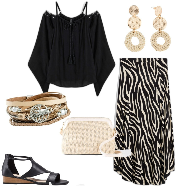 Outfit donna - Total look #1909710. Stile Trendy per Serata fuori. Abbinamento con bluse, sandali, braccialetti, orecchini, borse a tracolla, gonne.