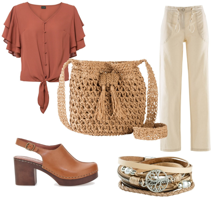 Outfit donna - Borsa di paglia per l\'ufficio. Stile Urban per Ufficio. Abbinamento con pantaloni a palazzo, braccialetti, camicie, borse a tracolla, zoccoli.