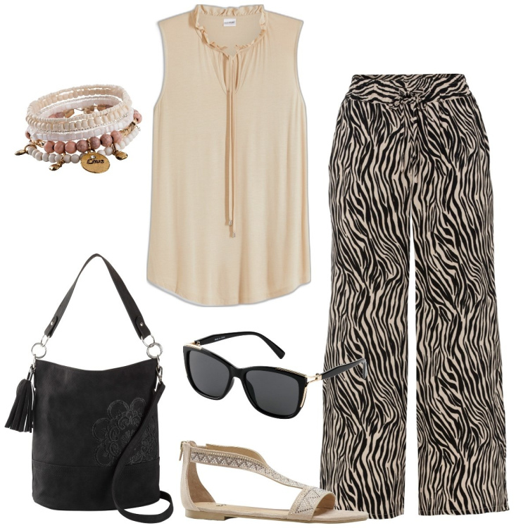 Outfit donna - Total look #1909716. Stile Casual chic per Ufficio. Abbinamento con pantaloni culotte, borse a mano, braccialetti, occhiali da sole, top, sandali.