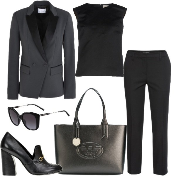 Outfit donna - Smoking jacket. Stile Chic per Ufficio. Abbinamento con pantaloni, giacca doppiopetto a maniche lunghe interno foderato in raso crêpe, top collo tondo senza maniche con zip in raso tinta unita, borsa a mano taglia unica grigio, occhiali da sole, scarpe.