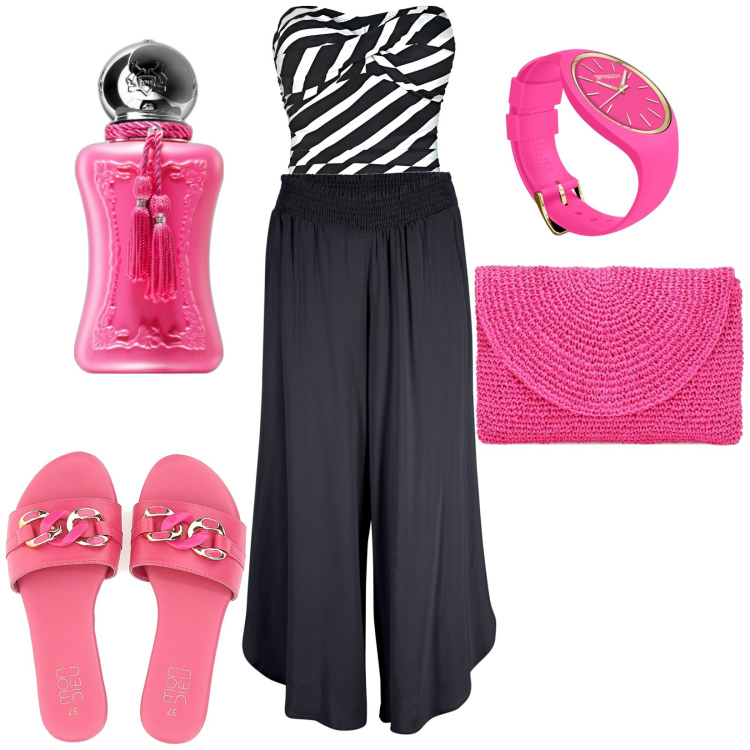 Outfit donna - Costume a righe. Stile Sexy per Mare. Abbinamento con pantaloni culotte, costumi interi, profumi, pochette, orologi, ciabatte.