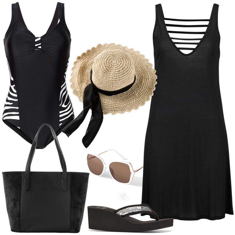 Outfit donna - Total look #1909729. Stile Chic per Mare. Abbinamento con vestiti da spiaggia, costumi interi, infradito, shopping bag, cappelli, occhiali da sole.