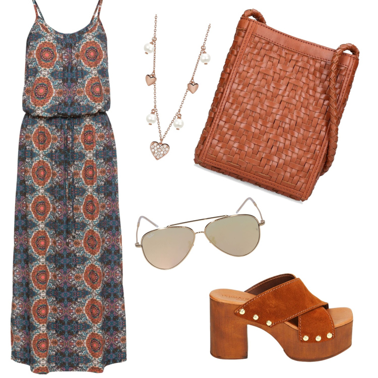 Outfit donna - Comoda. Stile Casual per Tutti i giorni. Abbinamento con vestiti lunghi, collane, sandali col tacco, occhiali da sole, borse a spalla.