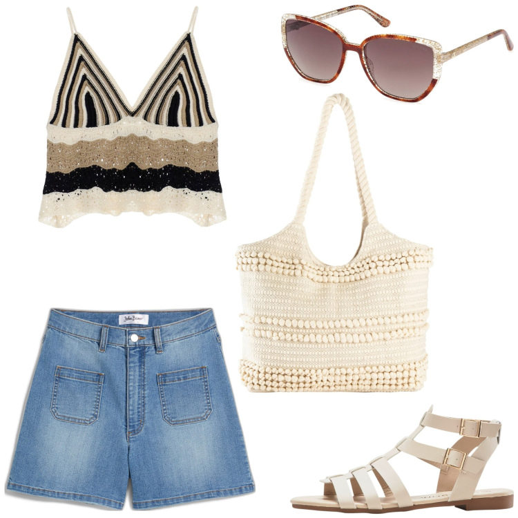 Outfit donna - Le mie vacanze. Stile Boho per Tutti i giorni. Abbinamento con shopping bag, sandali, shorts, top, occhiali da sole.