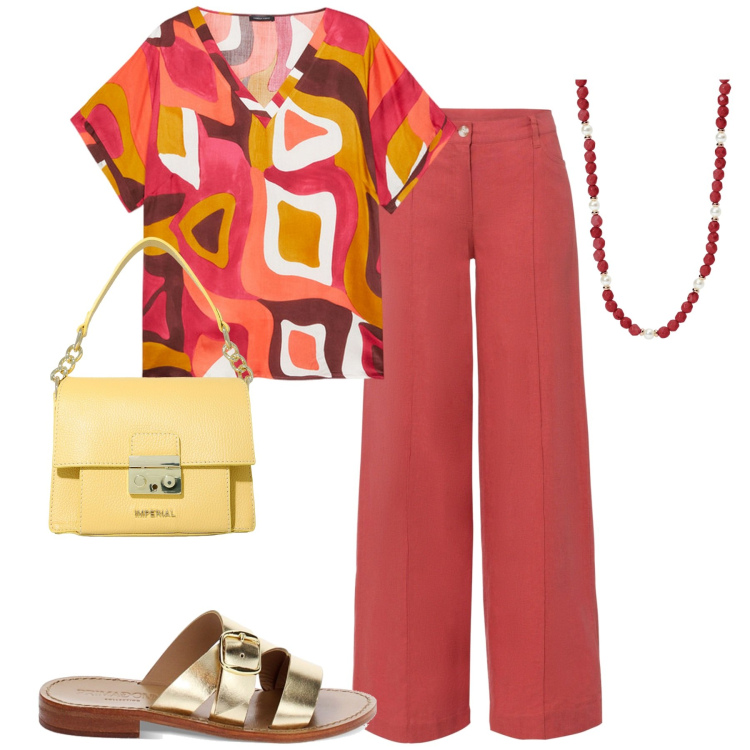 Outfit donna - Total look #1909748. Stile Trendy per Tutti i giorni. Abbinamento con pantaloni a palazzo, collane, pochette, bluse, sandali in pelle.