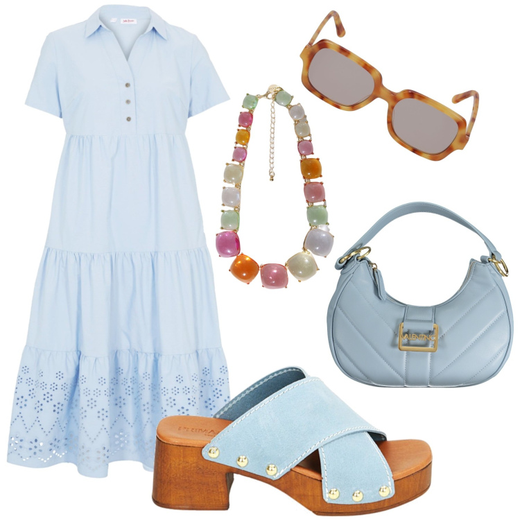 Outfit donna - Freschezza !. Stile Casual chic per Tutti i giorni. Abbinamento con vestiti, sandali col tacco, collane, occhiali da sole, borse a spalla.