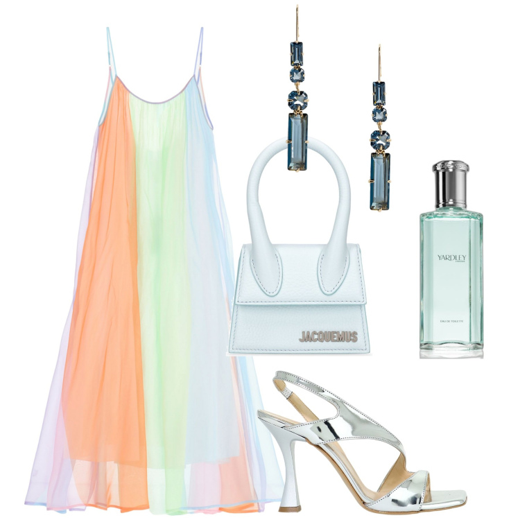 Outfit donna - Nuvola colorata. Stile Romantica per Mare. Abbinamento con profumi, vestiti lunghi, sandali in pelle, orecchini, borse a mano.