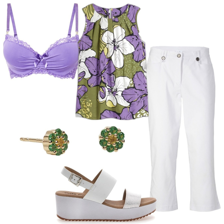 Outfit donna - Spese e commissioni. Stile Casual per Tutti i giorni. Abbinamento con pantaloni capri, top, reggiseni, orecchini, sandali.