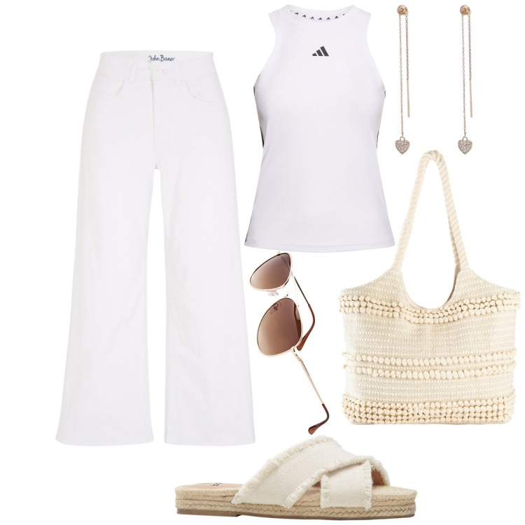 Outfit donna - Capelli raccolti. Stile Basic per Tutti i giorni. Abbinamento con jeans, ciabatte, occhiali da sole, shopping bag, orecchini, canottiere.