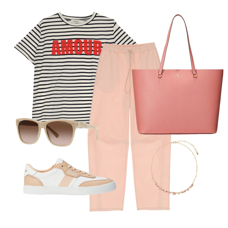 Outfit donna - Pinky casual stile. Stile Casual per Tutti i giorni. Abbinamento con t-shirt, pantaloni, occhiali da sole, borse tote, collane, sneakers.