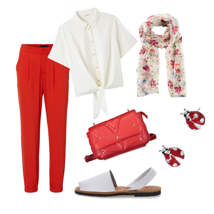 Outfit donna - Colazione di lavoro. Abbinamento con foulard, pantaloni, camicie, orecchini, borse a tracolla, sandali in pelle.