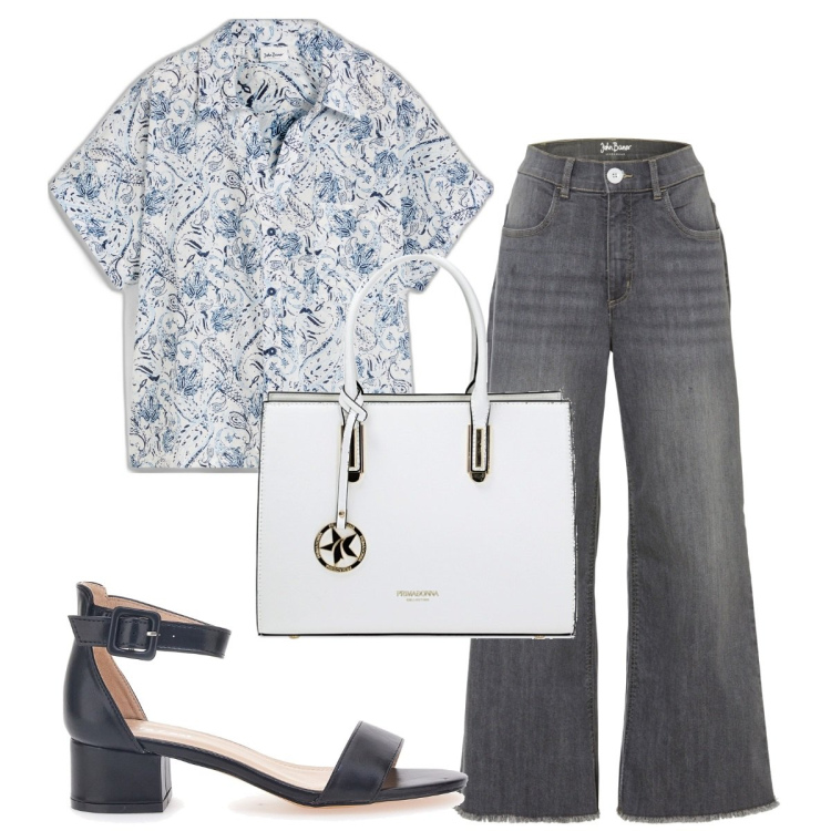 Outfit donna - Total look #1909780. Stile 70s per Tutti i giorni. Abbinamento con jeans, camicie a manica corta, borse a mano, sandali.