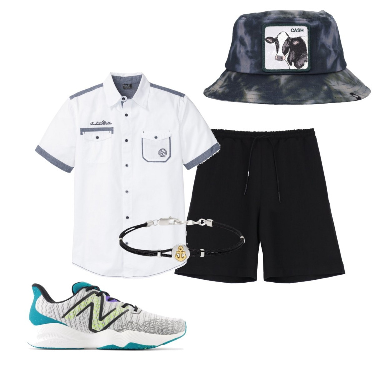 Outfit uomo - Disinvolto. Stile Urban per Tutti i giorni. Abbinamento con camicie a manica corta, braccialetti, sneakers, bermuda, cappelli.