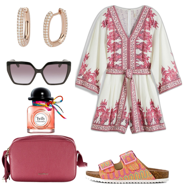 Outfit donna - Festa in spiaggia. Stile Etnico per Serata fuori. Abbinamento con tute, profumi, orecchini, sandali, borse a tracolla, occhiali da sole.