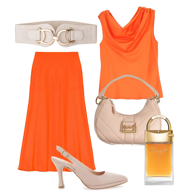 Outfit donna - Orange. Stile Chic per Cerimonia. Abbinamento con cinture, profumi, canottiere, gonne longuette, décolleté, borse a spalla.