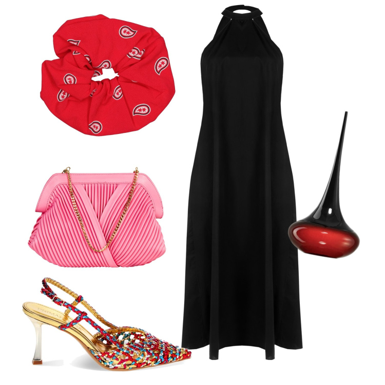 Outfit donna - Coloratissimi accessori. Stile Bon Ton per Serata fuori. Abbinamento con profumi, vestiti lunghi, pochette, décolleté, accessori per capelli.