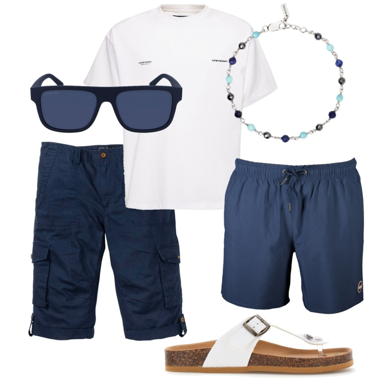 Outfit uomo - Total look #1909849. Stile Casual per Mare. Abbinamento con bermuda, braccialetti, sandali, t-shirt, occhiali da sole, costumi.