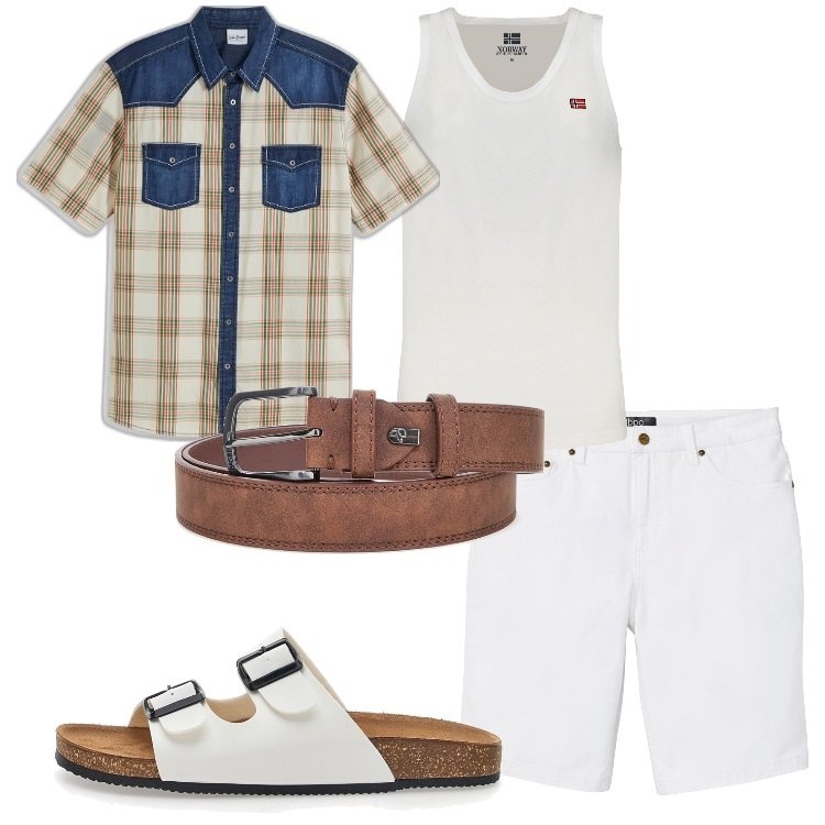 Outfit uomo - Freschezza estiva. Stile Casual per Tutti i giorni. Abbinamento con bermuda, camicie a manica corta, cinture, sandali, canottiere.