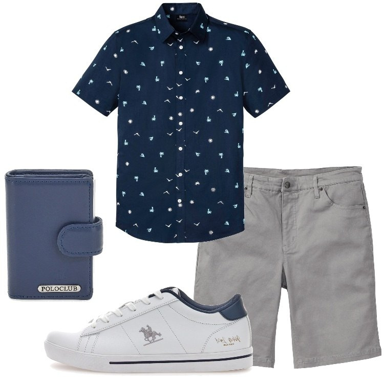 Outfit uomo - Camicia a maniche corte a fantasia. Stile Casual per Serata speciale. Abbinamento con bermuda, camicie a manica corta, sneakers, portafogli.