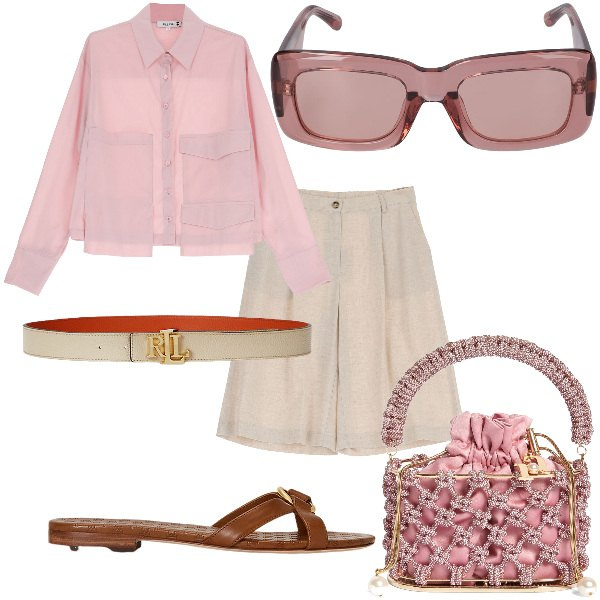 Outfit donna - Total look #1909874. Stile Casual chic per Tutti i giorni. Abbinamento con camicie, bermuda, cinture, ciabatte, borse a mano, occhiali da sole.