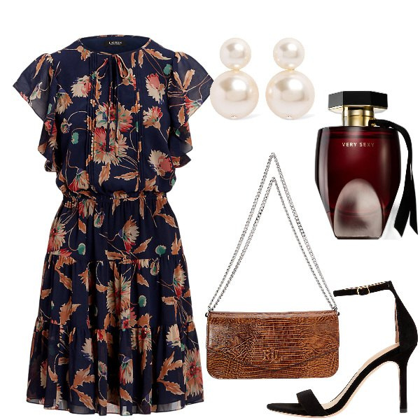 Outfit donna - Total look #1909880. Stile Bon Ton per Serata fuori. Abbinamento con profumi, sandali col tacco, vestiti, borse a spalla, orecchini.