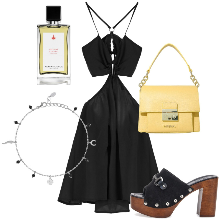 Outfit donna - La cavigliera. Stile Glamour per Serata fuori. Abbinamento con profumi, braccialetti con ciondoli, pochette, vestiti corti, zoccoli.