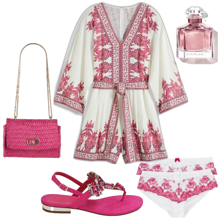 Outfit donna - Shopping day. Stile Chic per Tutti i giorni. Abbinamento con tute, culotte, borse a mano, profumi, ciabatte.