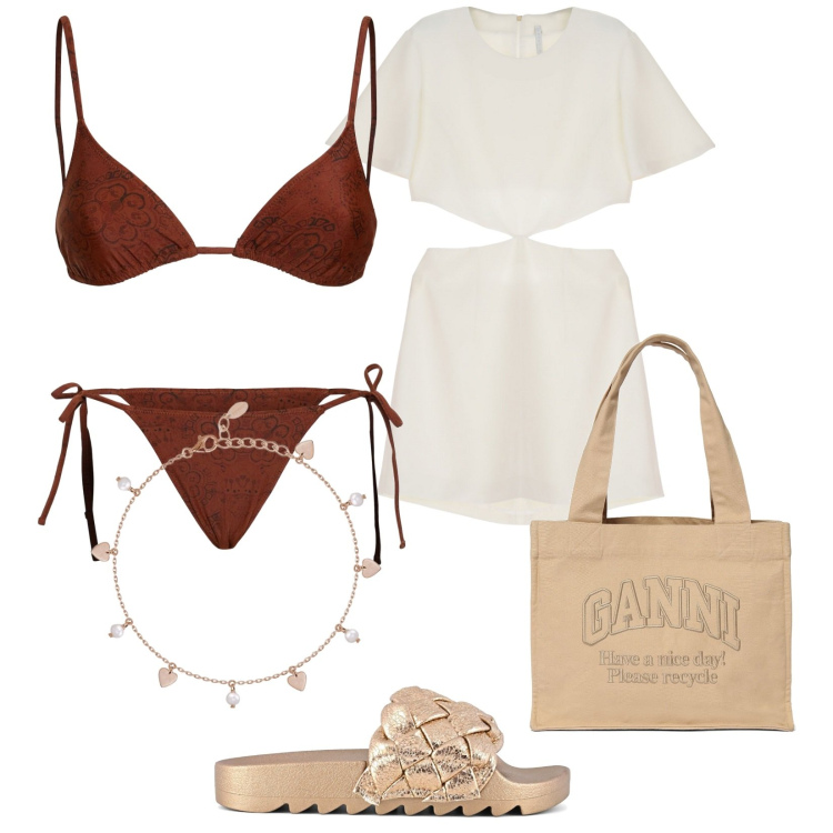Outfit donna - Mare e cavigliera. Stile Casual chic per Mare. Abbinamento con braccialetti con ciondoli, vestiti corti, ciabatte, shopping bag, bikini, bikini.
