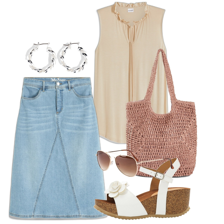 Outfit donna - Bon prix. Stile Bon Ton per Tutti i giorni. Abbinamento con gonne, sandali, occhiali da sole, orecchini, top, shopping bag.